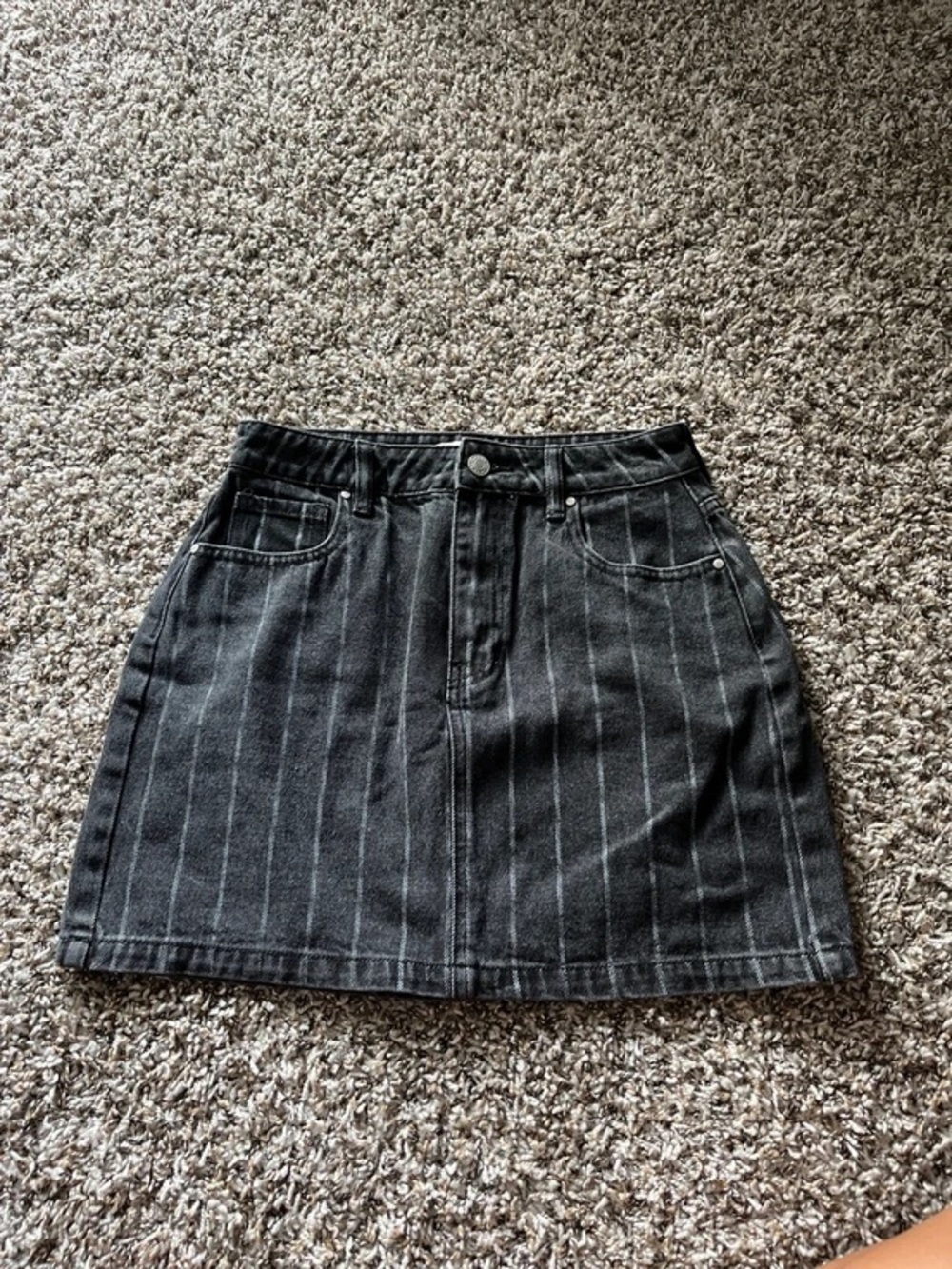 Black Pinstripe Denim Mini Skirt